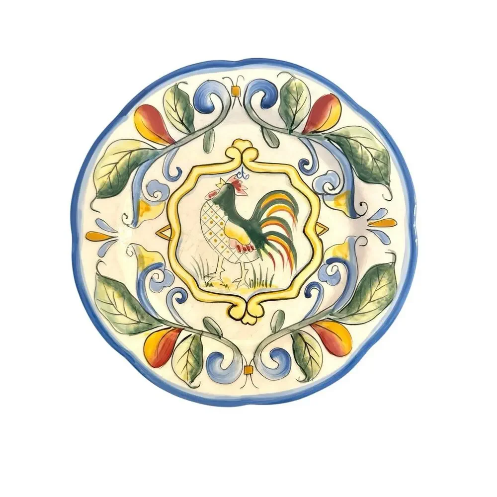 Set Of 2 Fitz & Floyd Ricamo Rooster Motif Salad Plates 8” Hand Painted
